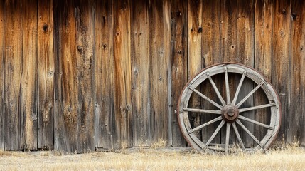 Obraz premium A close-up of an old wooden wagon wheel leaning against a barn in Texas. No people, copy space.