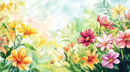 Obraz premium Watercolor illustration of vibrant flowers in a sunny garden during summer or spring ideal for beauty decorations and agricultural concept designs Captivating blooms in a tropical setting