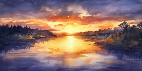 Watercolor illustration of a sunrise over a river