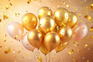 Vibrant golden balloons and confetti explode against a soft focus pastel background, perfect for highlighting romantic milestones and joyous celebratory occasions.