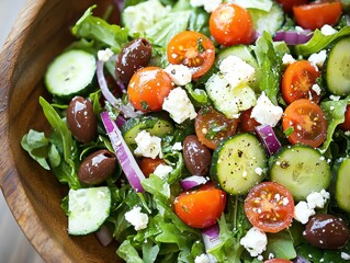 Mediterranean salad with greens, olives, cucumber, and feta in a wooden bowl, top-down shot with bright natural light - Powered by Adobe