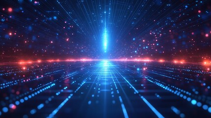Fototapeta premium Futuristic digital landscape with neon lights and glowing particles, representing technology, innovation, and advanced data networks.