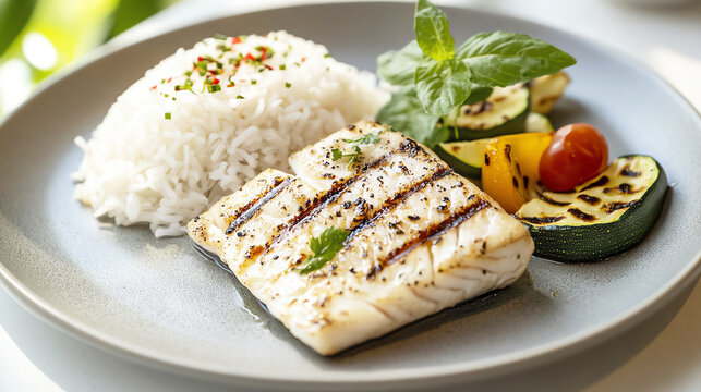 High-angle view of a simple renal diet meal with a small portion of grilled fish