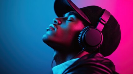 A person framed in a blue and pink neon-lit environment wears headphones looking up, portraying a modern, urban, and immersive scene with high contrast and depth.