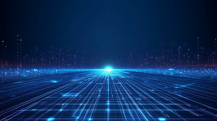 Futuristic digital technology background with blue glowing lines and data visualization on a dark grid, ideal for innovation and tech concepts.
