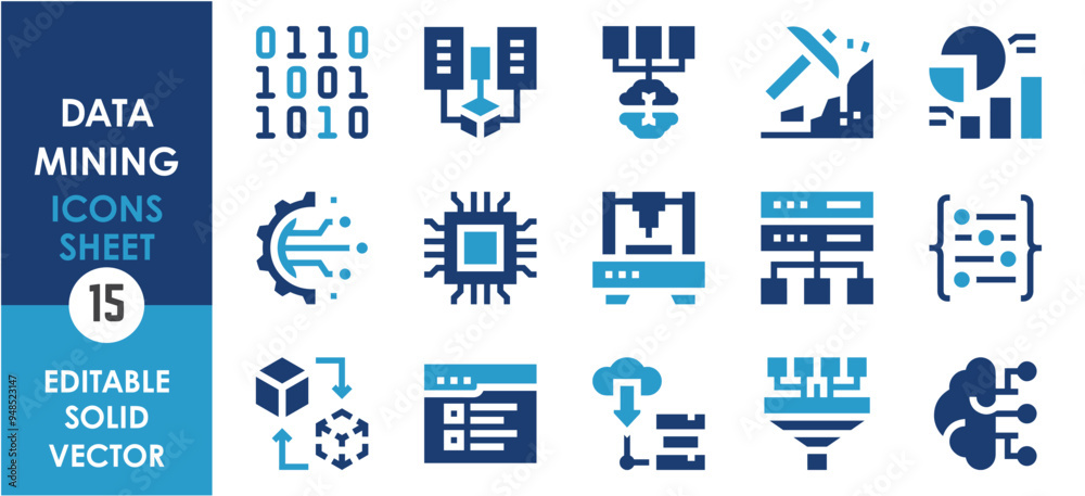 Leinwandbilder A set of solid icons related to Data Mining. Data, mining, modeling, server, coding, developing, processor, analysis, gear, funnel, brain, intelligence, and so on. Vector flat icons set.