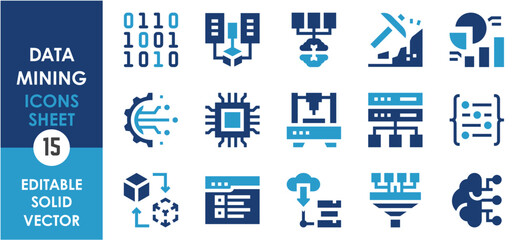A set of solid icons related to Data Mining. Data, mining, modeling, server, coding, developing, processor, analysis, gear, funnel, brain, intelligence, and so on. Vector flat icons set.