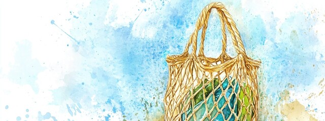 Watercolor illustration of an eco friendly string bag promoting zero waste