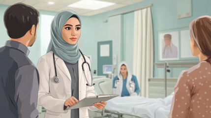 Fototapeta premium Hijabi doctor, conducting a medical examination in a hospital emergency room,
