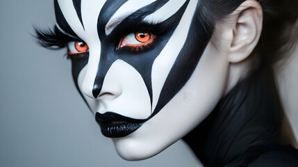 A close-up of a model's face with sharp clean lines in Halloween makeup