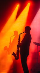 Fototapeta premium Silhouette of Saxophone Player in Dramatic Lighting