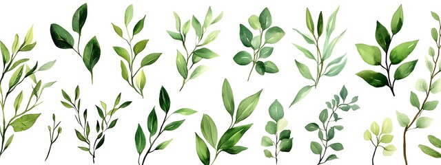 Watercolor green leaves clipart set, various types of leaves and branches, seamless pattern on white background, vector illustration, high resolution, detailed