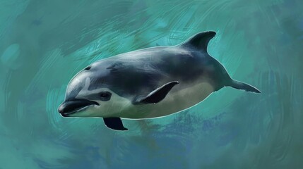 A painted illustration of a dolphin swimming in turquoise water.