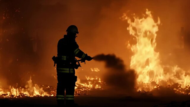 a firefighter surrounded by a raging blaze, with intense flames lighting up the background. Clad in protective gear, the firefighter is actively engaged in battling the fierce fire.