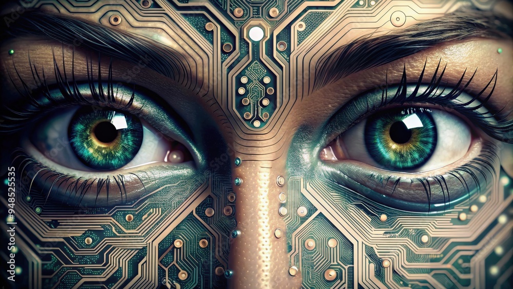 Aufkleber close-up of robot eyes with intricate circuit patterns on the irises, robot, eye, closeup, detail
