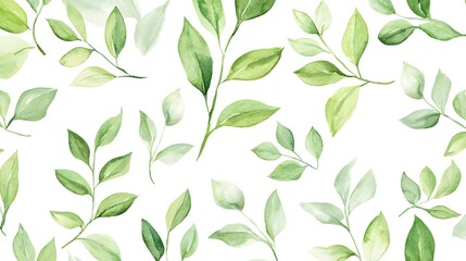 Fototapeta premium Watercolor green leaves clipart set, various types of leaves and branches, seamless pattern on white background, vector illustration, high resolution, detailed