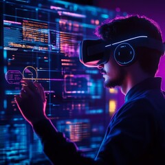 11. VR headset user interacting with a 3D website model, futuristic web development concept, immersive digital experience.