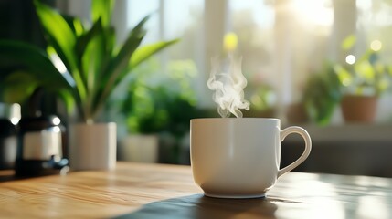 Fototapeta premium A warm cup of coffee on a wooden table with steam rising, surrounded by vibrant plants and soft sunlight.
