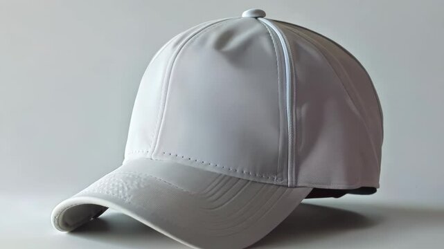 a white fabric cap characterized by its structured design, featuring a gently curved brim and a rounded top, perfect for casual outings or sporting activities.