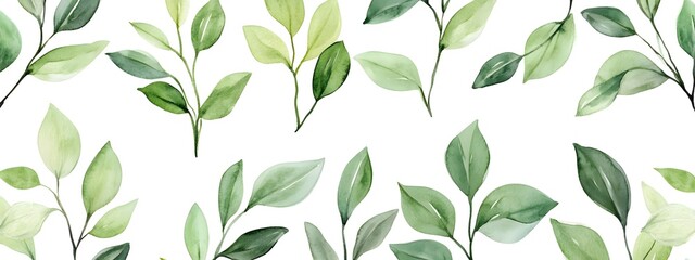 Watercolor green leaves clipart set, various types of leaves and branches, seamless pattern on white background, vector illustration, high resolution, detailed