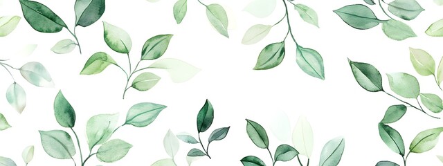 Watercolor green leaves clipart set, various types of leaves and branches, seamless pattern on white background, vector illustration, high resolution, detailed