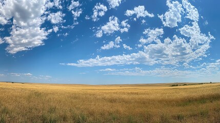 Obraz premium A panoramic view of the Great Plains with endless fields and a wide-open sky. No people, copy space.