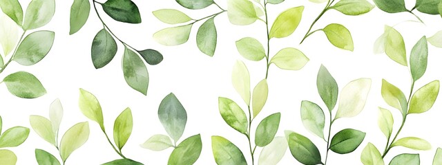 Watercolor green leaves clipart set, various types of leaves and branches, seamless pattern on white background, vector illustration, high resolution, detailed