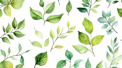 Watercolor green leaves clipart set, various types of leaves and branches, seamless pattern on white background, vector illustration, high resolution, detailed