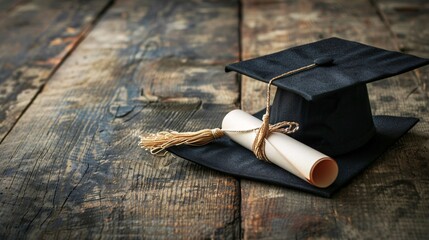 High angle view of a graduation cap and diploma on a rustic wooden table