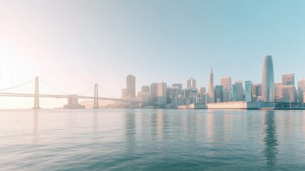 Naklejka premium A panoramic view of the San Francisco skyline with the Bay Bridge. No people, cityscape with copy space.