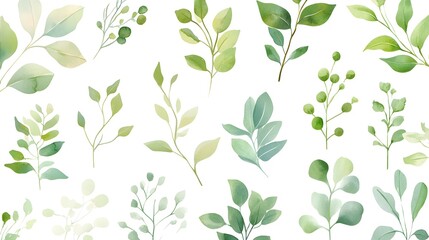 Watercolor green leaves clipart set, various types of leaves and branches, seamless pattern on white background, vector illustration, high resolution, detailed