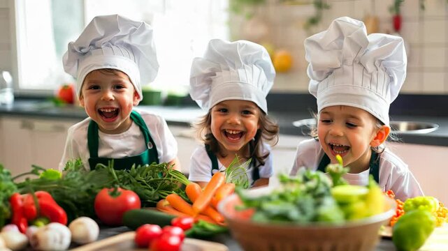 three joyful children in chef hats and aprons, laughing in a kitchen filled with vibrant fresh vegetables like tomatoes, cucumbers, and carrots, creating a lively cooking atmosphere.