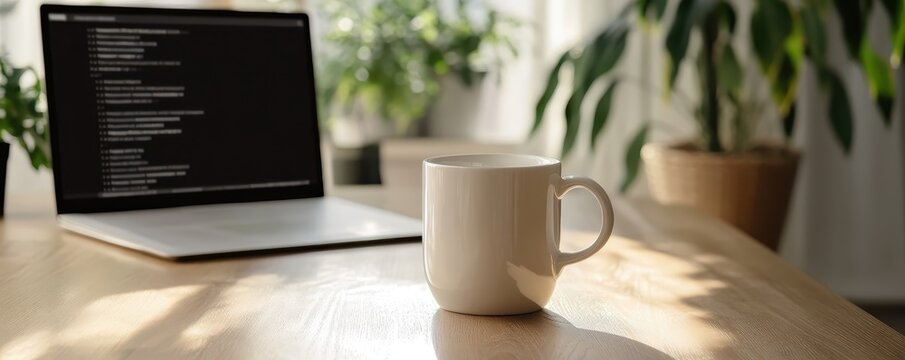 A white coffee mug on a wooden desk with a laptop displaying code, surrounded by indoor plants in a well-lit room.