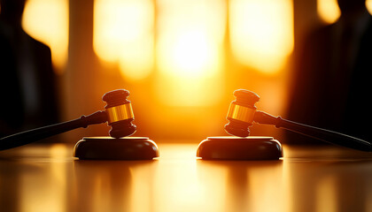 Sunset fills a courtroom as two judges&#x27; gavels sit on a wooden table, symbolizing justice and decision-making.