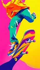 skater doing tricks, bright and juicy illustration