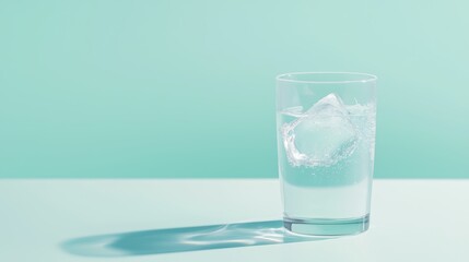 A clear glass of water with ice, set against a mint green background, conveying freshness and hydration.