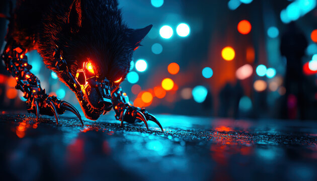 A cyborg werewolf with glowing eyes and metallic fur prowling the city on Halloween