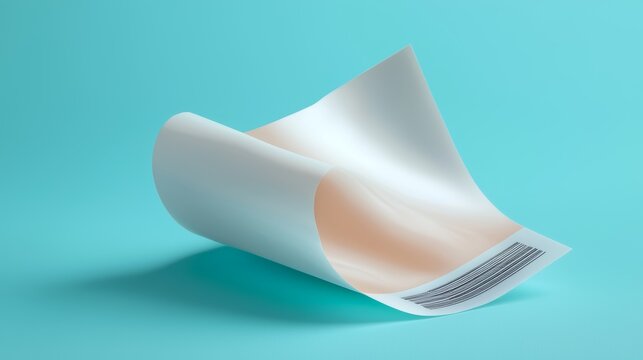 A curled sheet of paper on a blue background, showcasing a minimalist design with a subtle gradient and printed bar code.