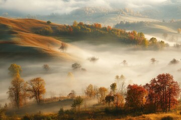 Misty autumn landscape with rolling hills, colorful trees, and low-lying fog creating a dreamy scene.
