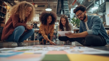 Group of young adults collaborating on creative projects in a modern workspace while sitting on the floor during a brainstorming session