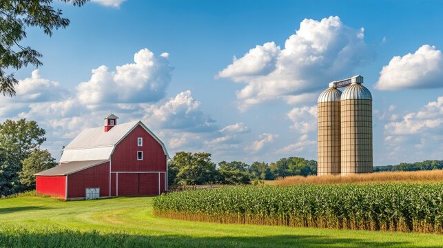 A quiet farm with a red barn and silos in the rural Midwest. No people, copy space.