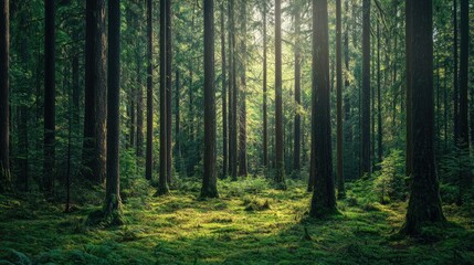 Obraz premium A quiet forest in the Pacific Northwest with towering evergreen trees. No people, copy space.