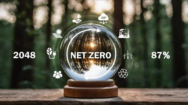 Net zero and carbon neutral concept.Globe Glass with Net zero icons In Green Forest Circular economy concept for future business growth and environmental sustainability and reduce pollution.Net zero a