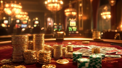 Stacks of gold coins and bundles of money on a poker table in casino