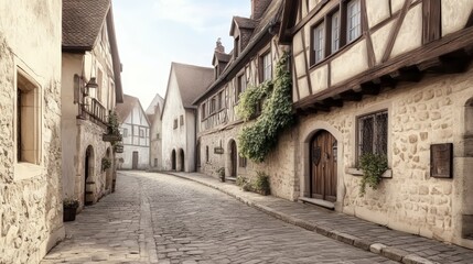 Obraz premium Charming cobblestone street lined with traditional houses adorned with greenery, evoking a serene, historical atmosphere.