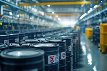 A hazardous waste storage facility with rows of sealed drums and containers, all marked with clear danger symbols and labels