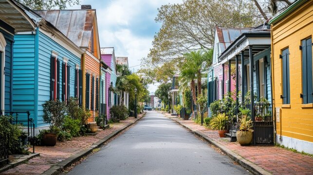 A quiet street in a historic New Orleans neighborhood with colorful houses. No people, copy space.