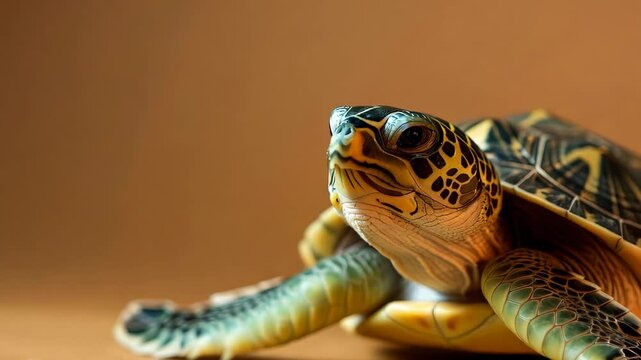 a turtle, emphasizing its intricate shell patterns and unique features. close-up angle reveals the beauty and detail of this remarkable creature.