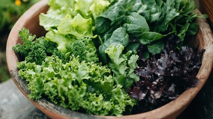 Close-up of a variety of leafy greens in a rustic bowl.