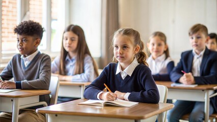 cute pupils at camera sitting on desk in class room, back to school concept